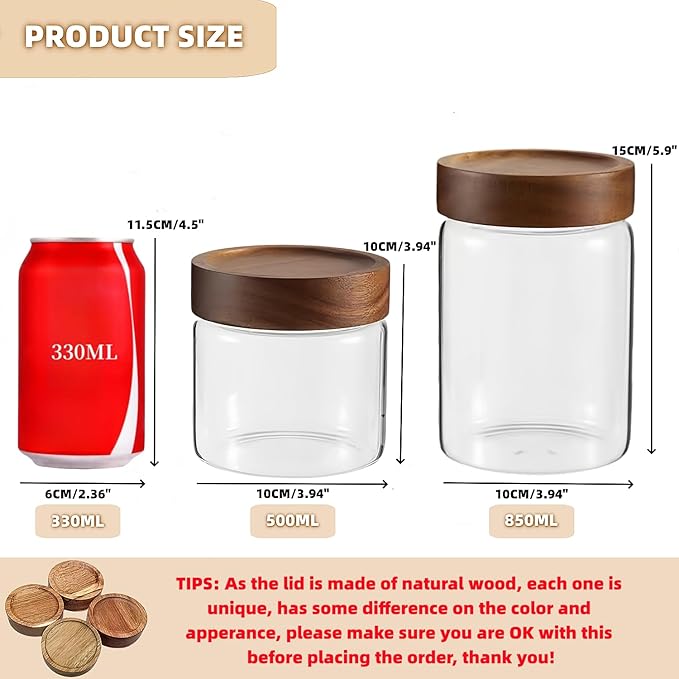 28 Fl oz/850 ml Glass Food Storage Jar, Premium Clear Glass Container Jar with Airtight Wooden Screw Lid, Kitchen Canisters for Coffee,Tea,Pasta,Cookies, Nuts,Spice,Candy,Overnight Oatmeal（Medium）