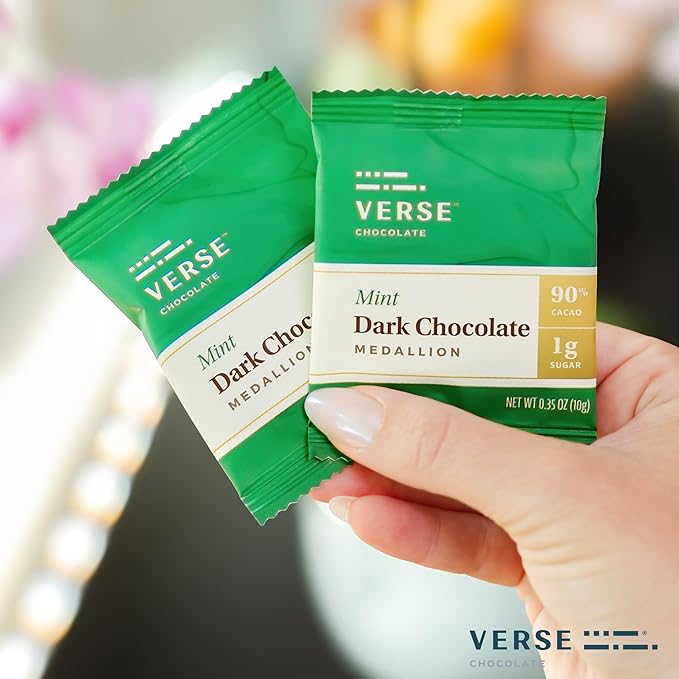 Verse Chocolate Mint 90% Dark Chocolate Squares - Only 1g Cane Sugar - Creamy Dark Cocoa - Individually Wrapped Chocolates (30 Count)