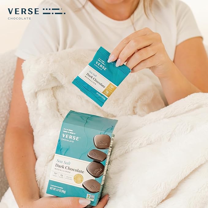 Verse Dark Chocolate Sea Salt Squares - Only 3g Cane Sugar - Creamy 70% Cocoa Dark Chocolate - Individually Wrapped Cacao Bar Squares (9 Count, 2 Pack)