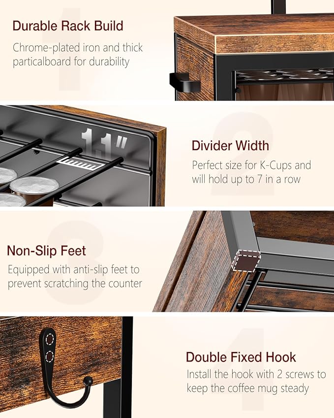 Evermagin Coffee Pod Drawer Compatible with Nespresso Original Line, 63 Pods Coffee Organizer with Cup Holder, Durable Coffee Maker Stand with Storage Drawer, Rustic Brown