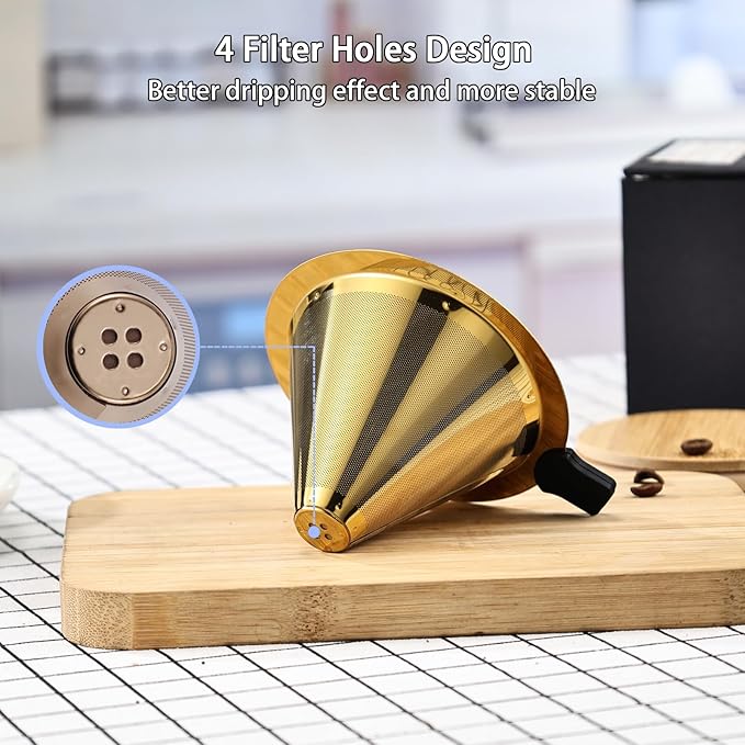 Small Size Pour Over Coffee Filter Dripper, Stainless Steel Metal Cone Drip Coffee Filter, Paperless and Permanently Reusable, Double Mesh Coffee,Tea Filter for 1-2 Cups