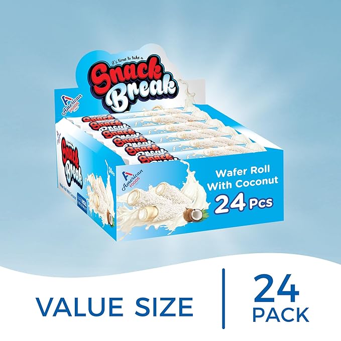 Snack Break Coconut Wafer Rolls, Rolled Wafer Cookies, Coconut Coated Delicious Snack, Individually Wrapped, Crunchy Sticks for On-the-Go, Coffee, Tea, Pack of 24