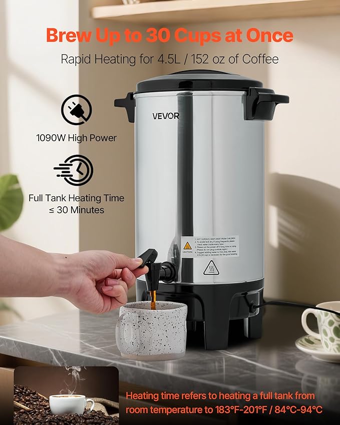 VEVOR Commercial Coffee Urn, 30 Cup 4.5 L Hot Beverage Dispenser with Dripless Faucet, Quick-Brewing Commercial Coffee Maker, Automatic Temperature Control, for Catering, Party, Church & Restaurant