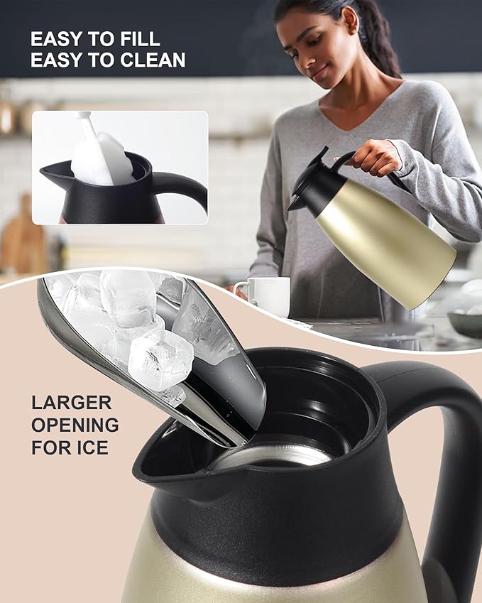 70 OZ Updated Thermal Coffee Carafe for keeping hot, 2 PCS Carafe for hot liquid, Insulated Stainless Steel Vacuum Thermal Pot for Coffee, Hot Water,Keep Hot 12 Hours (Gold+Gold)