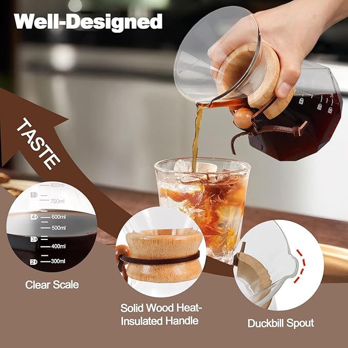 Pour Over Coffee Pot Set 800ml Features 304 Stainless Steel Filter Glass Coffee Pot with High Borosilicate Glass Duckbill Spout Design Solid Wood Handle Pour Over Coffee Drippers Daily Brewing