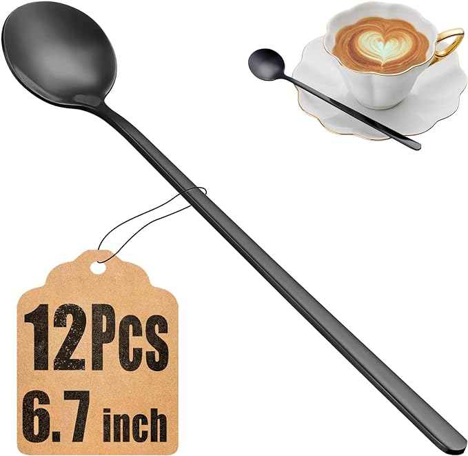 12 Pcs Teaspoons Set, 6.7 Inch Black Tea Spoons Long Handle, Black Small Teaspoons, Food Grade Stainless Steel Spoons, Long Spoon for Stirring, Metal Espresso Spoon