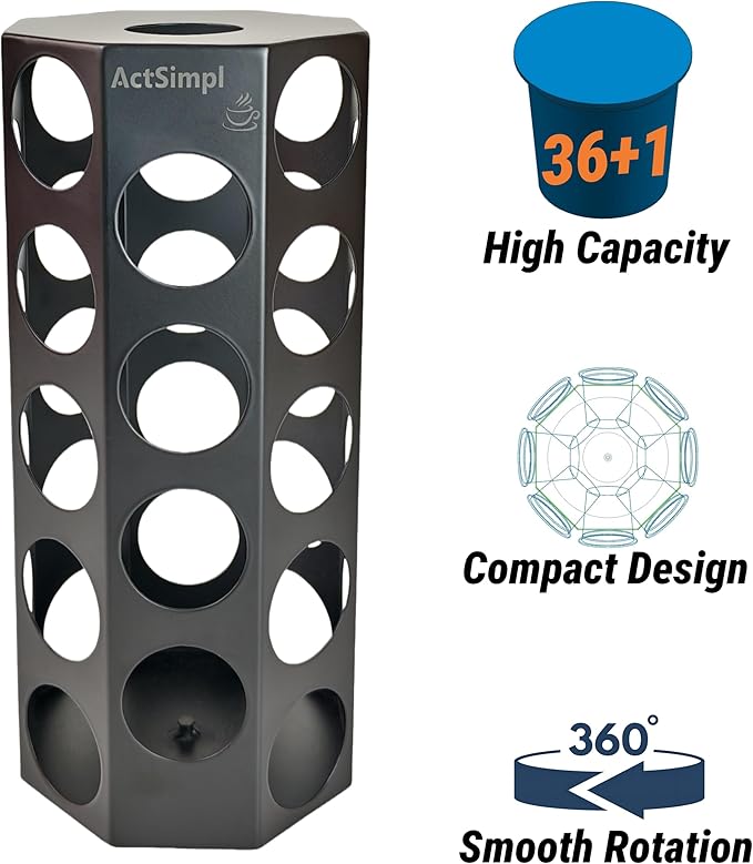 Compact Sturdy Metal K Cup Holder, Stylish and Modern Designed Coffee Pod Carousel, K Cup Storage Organizer, 36+1 Pods Capacity, No Assembly Required