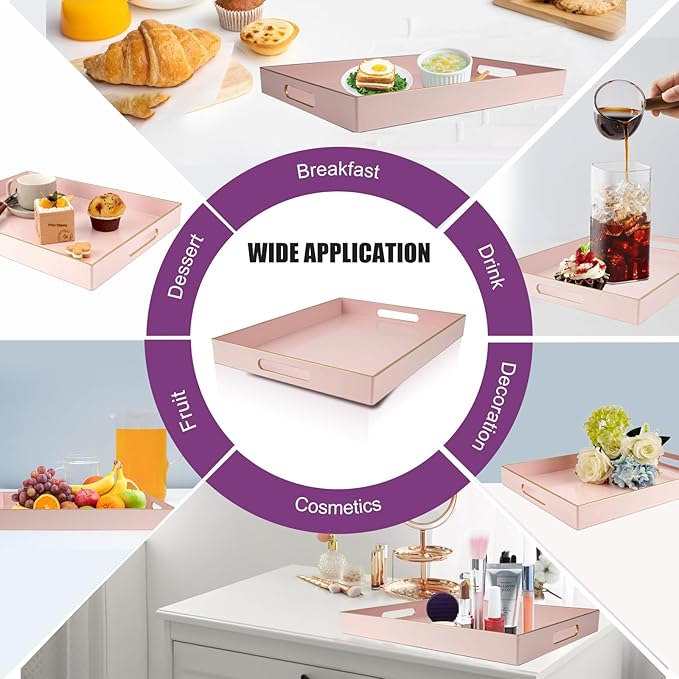 Gifturbo Pink Large Serving Tray with Handles，Rectangular Plastic Elegant Decorative Coffee Table Tray for Ottoman, Living Room, Bathroom, Home Decor, Vanity Trays with Gold Trimming, 15.7” x 11.8”