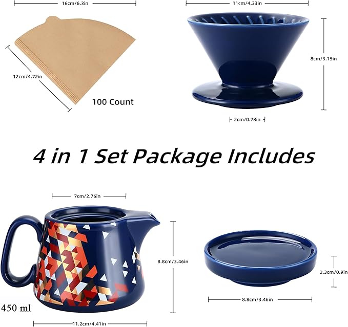 Pour Over Coffee Maker, Ceramic Coffee dripper with 100 pcs Size 02 Paper Filter, Ceramic coffee Server with Lid, 15.5oz/450 ml, Suitable for 1-2 people (Blue)