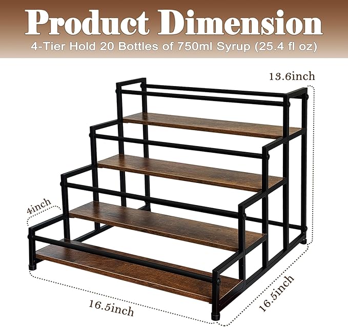 Klxuyuo 4-Tier Coffee Syrup Rack for 20 Bottles (750ml)–Sturdy Coffee Syrup Organizer Holder for Kitchen, Café, Office