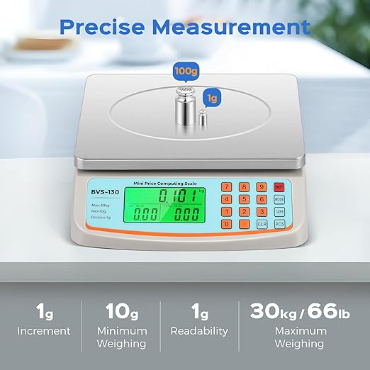 Bonvoisin Commercial Food Scale 66lb/ 30kg with Stainless Steel Platter Price Computing Scale with kg/lb/oz Conversion, Deli Produce Scale for Kitchen, Market with 1g Division