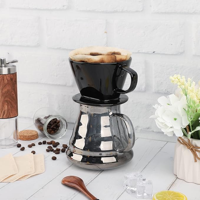 Segarty #2 Pour Over Coffee Maker, Single Cup Black Ceramic Coffee Dripper, 1 Set Size No.2 Reusable Filter Cone Drip Holder Slow Brewer with 3 Holes Flat Bottom for Travel, Camping, Office, Home