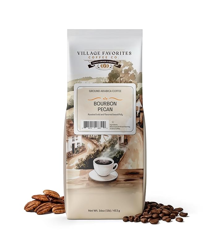 Village Favorites Flavored Coffee – Low Acid, Mold-Free, 100% Arabica, Slow Roasted Medium Roast, Smooth & Stomach Friendly, Ground, 1LB Bag (16oz)- Kosher (16oz, Bourbon Pecan)