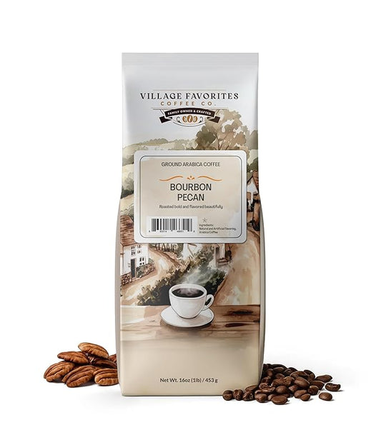 Village Favorites Flavored Coffee – Low Acid, Mold-Free, 100% Arabica, Slow Roasted Medium Roast, Smooth & Stomach Friendly, Ground, 1LB Bag (16oz)- Kosher (16oz, Bourbon Pecan)