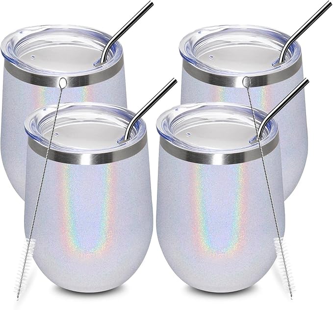 MEWAY 12oz/4 Pack Wine Tumbler Glasses with Lid - Stemless Double Wall Vacuum Stainless Steel Glitter Tumbler - Keeping Cold & Hot Cup for Coffee,Gift for Women(Rainbow White,Set of 4)