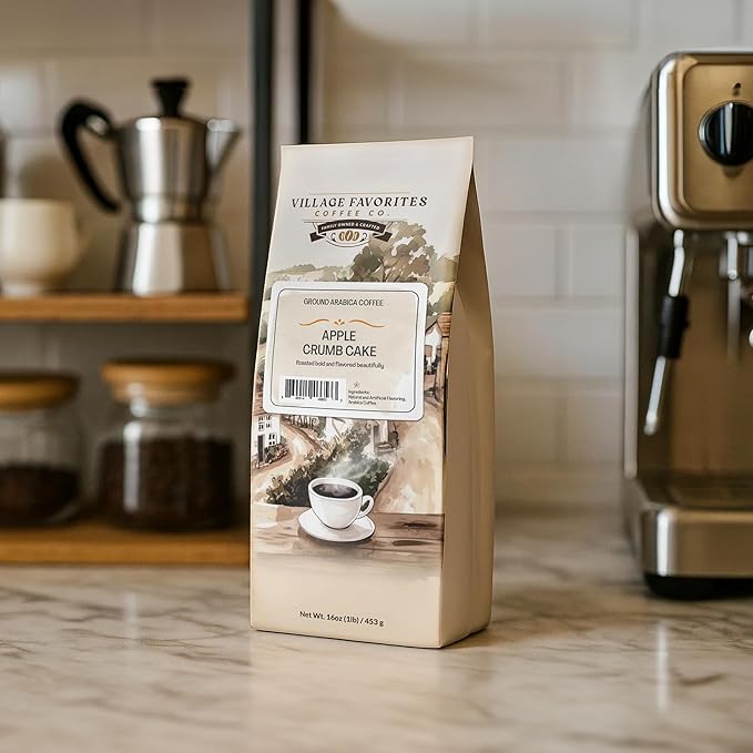 Village Favorites Flavored Coffee – Low Acid, Mold-Free, 100% Arabica, Slow Roasted Medium Roast, Smooth & Stomach Friendly, Ground, 1LB Bag (16oz)- Kosher (16oz, Apple Crumb Cake)