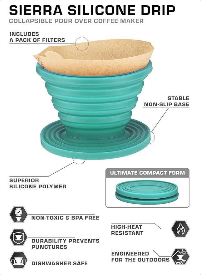 COLETTI Sierra Camping Pour Over Coffee Dripper — Collapsible Pour Over Coffee Dripper — Includes Pack of Paper Filters [Teal, Pack of 2]