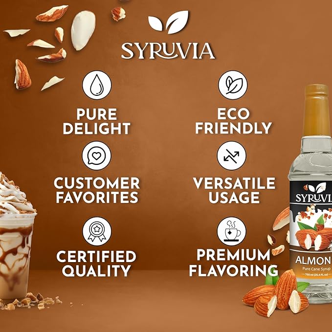 Syruvia Almond Coffee Syrup - 25.4 fl oz - Kosher Syrups, Gluten Free, No Coloring, Perfect for Drinks, Soda, Shakes, Desserts, and More With Pump