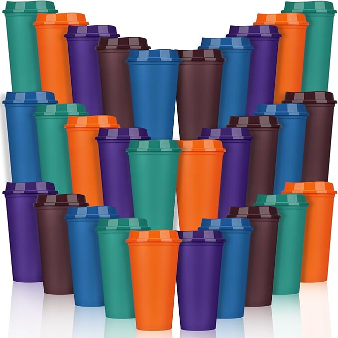 Domensi 30 Pack Reusable Coffee Cups with Lids 16 oz Disposable Travel Cups Bulk Plastic to Go Coffee Tumblers for DIY Hot Cold Drink Party Favors Coworker, Microwaveable (Colorful)