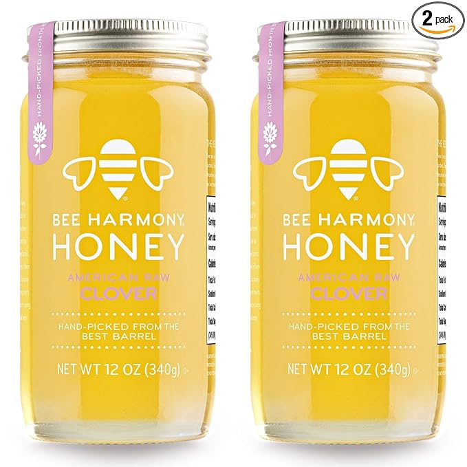 Bee Harmony Raw Clover Honey, 12 OZ (Pack of 2 Jars), Made in the USA