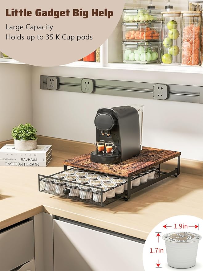 Coffee Pod Holder Counter Coffee Vertuo Capsules Storage Organizer with Sliding Drawer Compatible For 35 K-Cup Pods No Assembly Needed Rustic Brown