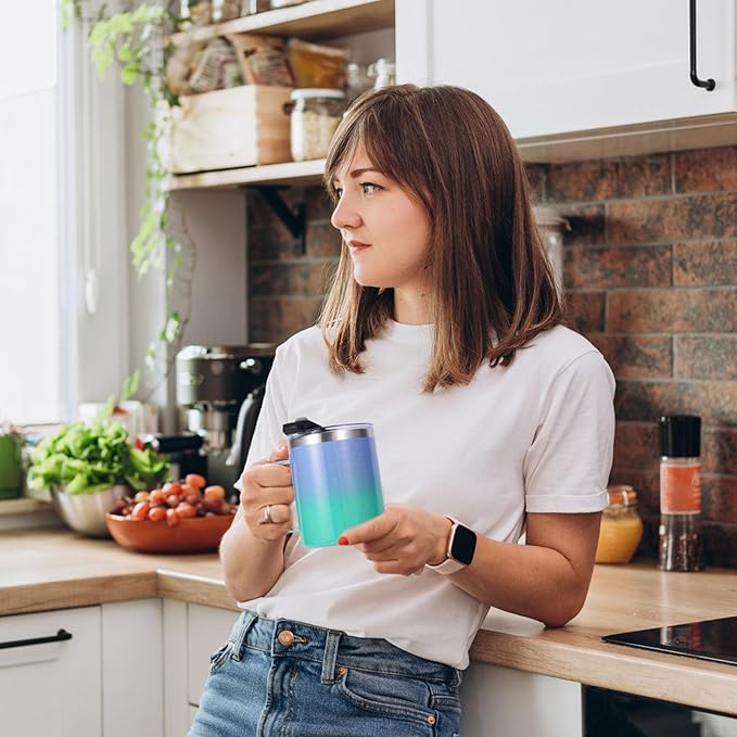 Volhoply 12oz Insulated Leakproof Coffee Mug with Flip & Straw Lid,Double Wall Vacuum Stainless Steel Travel Tumbler Cup with Handle,Reusable Camping Mugs Keep Cold/Hot(Purple Green,1 Set)