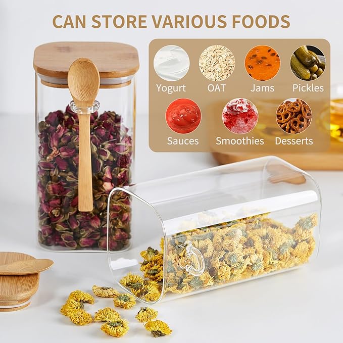 Glass Jars with Airtight Bamboo Lids and Spoons, 2PCS 1150ml/39oz Overnight Oats Containers with Lids, Glass Food Storage Containers for Coffee Beans, Flour, Sugar, Cookie, Pasta, Tea Leaf