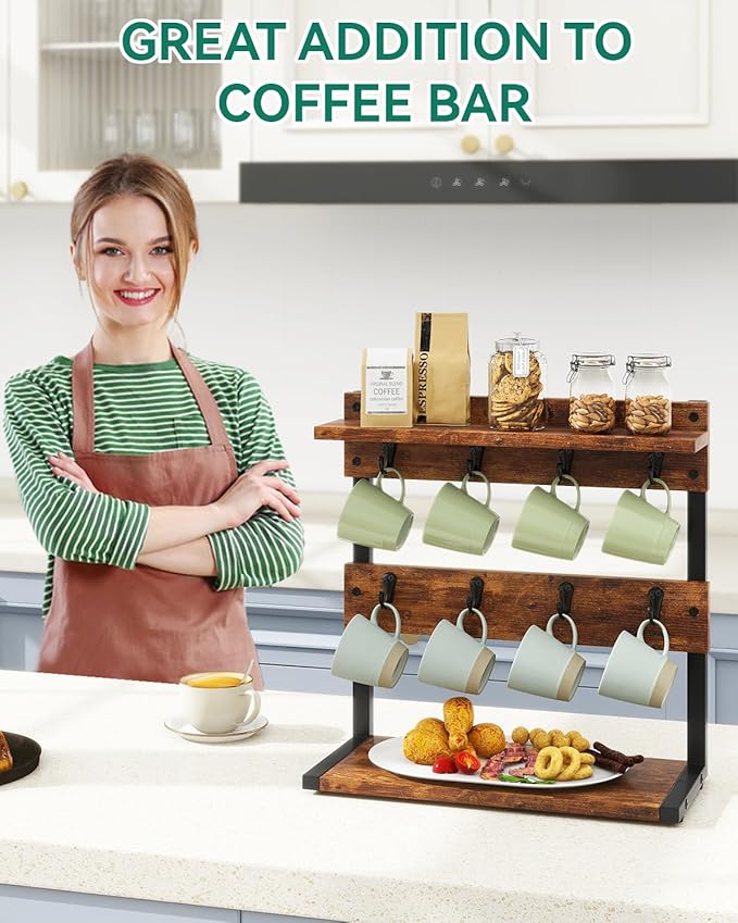 IBUYKE Rustic Coffee Mug Holder Stand, 2 Tier Countertop Mug Tree Holder Rack with Storage Base, Vintage Mug Holders for Kitchen, Holds 8 Mugs, Rustic Brown UTBJ002H