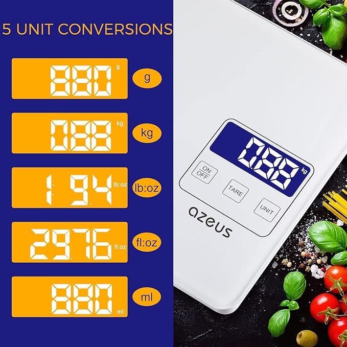 Food Scale with USB Rechargeable, Digital Kitchen Scale with 6 Units, High Precision to 0.04 oz /11lbs Capacity, Weight Range from 3g-5000g