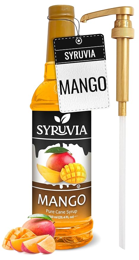 Syruvia Mango Syrup, Flavored Syrup for Drinks, Cocktails, Lemonades, Iced Teas, and Desserts – 25.4 fl oz, With Pump