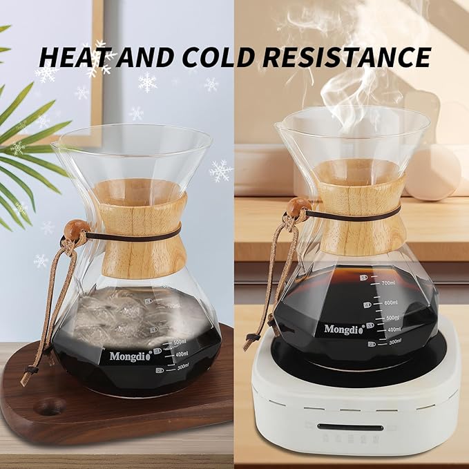 Mongdio 27 Oz Pour Over Coffee Maker with Stainless Steel Filter and Wooden Collar Holder, Borosilicate Glass Coffee Maker for Camping Home, 800ML/27OZ, Clear