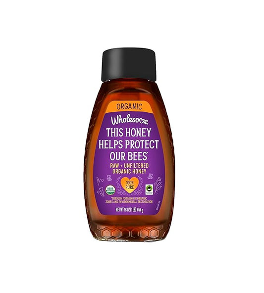 Wholesome Sweeteners 16-Ounce Organic Raw Unfiltered Honey Bottle, 100% Pure, Fair Trade Certified, Non GMO Project Verified, & Gluten Free, 1 Pack