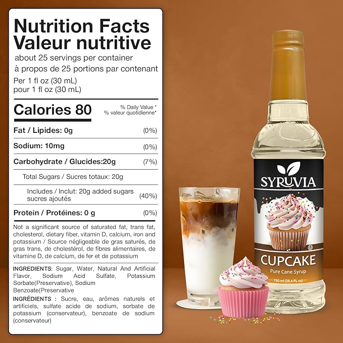 Syruvia Cupcake Coffee Syrup - 25.4 fl oz - Kosher Syrups, Gluten Free, No Coloring, Perfect for Drinks, Soda, Shakes, Desserts, and More With Pump