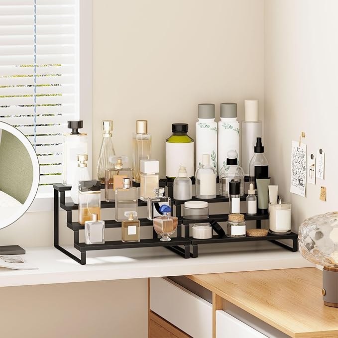 Giikin Wooden Display Stand Riser - Set of 2, 3 Tier Organizer Stand for Perfume, Cupcakes, Home & Shop, Black