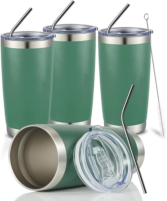 COMOOO 20oz Tumbler Bulk Double Wall Vacuum Insulated Travel Mug, Stainless Steel Tumbler with Lid and Straw Durable Powder Coated Insulated Coffee Cup for Cold & Hot Drinks (Dark Green, 4 pack
