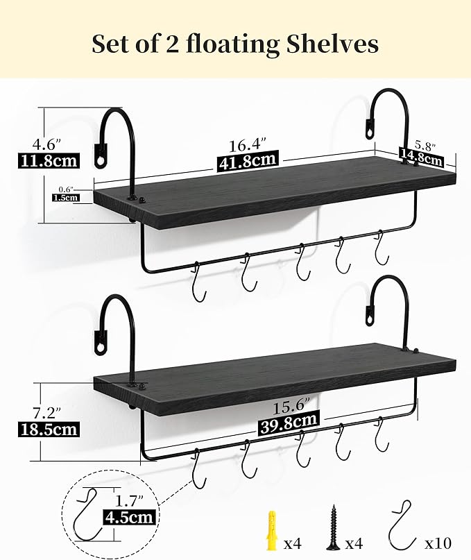 Coffee Mug Holder, Coffee Bar Shelf with Hooks Wall Mount Cup Organizer Mug Racks Pods Storage Hanger, Farmhouse Kitchen Decor, Black