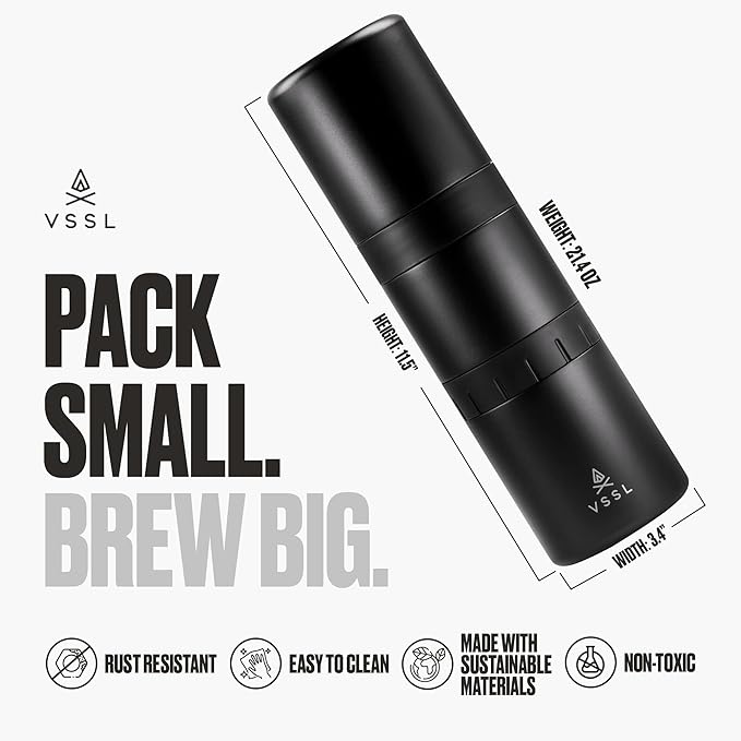 VSSL - Nest Pour Over Coffee Kit | Coffee Maker for Camping | All-In-One Travel Pour Over | Transportable Dripper, Two 10oz Stainless Steel Travel Mugs | Compact Storage & Adventure Ready | Black