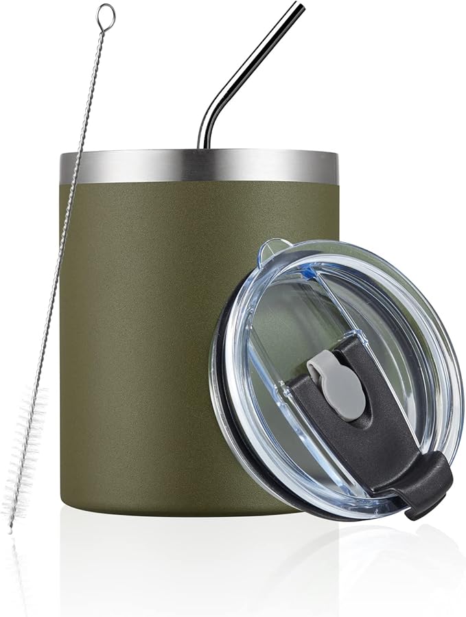 MEWAY 12 oz Lowball, Tumbler Stainless Steel Double Wall Vacuum Insulated Mug with Straw and Lid, Cleaning Brush ，Durable Powder Coated Insulated Coffee Cup for Cold & Hot Drinks (Army Green,1 Pack)