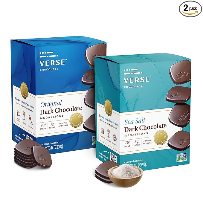 Verse Dark Chocolate Squares Variety Pack - Original and Sea Salt w/Low Cane Sugar, High Cacao - Premium Dark Chocolates - Individually Wrapped Chocolate Squares (9 Count, 2 Pack)