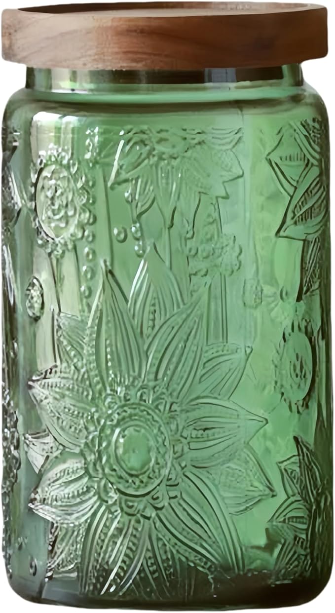 Vintage Glass Storage Jar with Solid Wood Lid - Sunflower Design Kitchen Canister for Coffee, Candy, Laundry Detergent - Cute Food Storage Jar (Green, 34 Ounces)