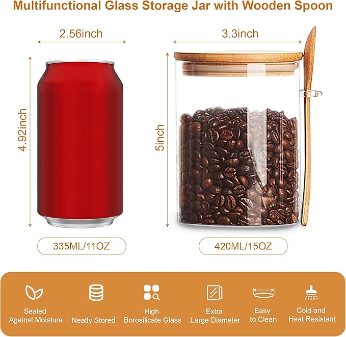 MOLFUJ 15 oz/450 ml Clear Glass Storage Canister with Airtight Lid, Small Decorative Container Jar with Wooden Spoon for Overnight Oatmeal Coffee Spice Candy Salt Cookie Condiment Pepper Sugar