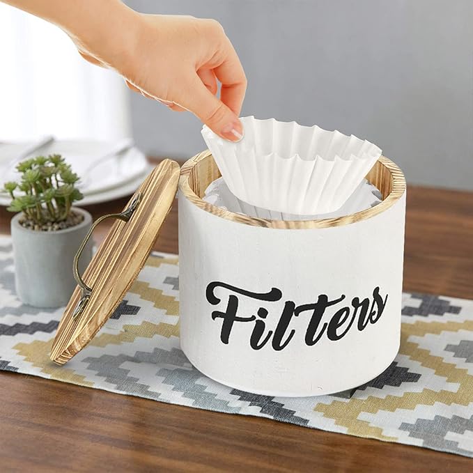 Coffee Filter Holder, Farmhouse White Filter Storage Container Basket for Counter, Wooden Case, Coffee Bar Accessories
