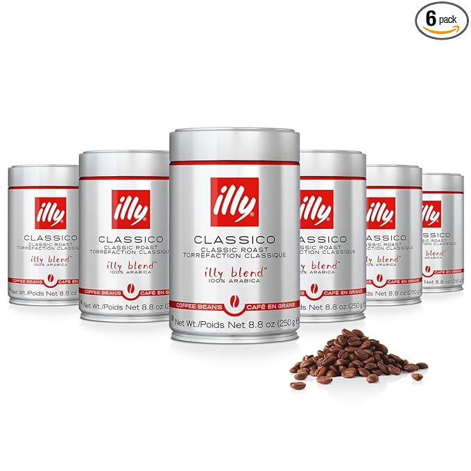 Illy Whole Bean Coffee, Classico Medium Roast - Mild & Balanced - 100% Arabica - Whole Beans - Pressurized Packaging Sealed for Freshness - 8.8oz can (Pack of 6)