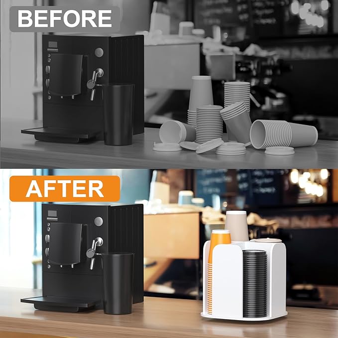 Beego Rotatable 4-Compartment White Acrylic Cup Dispenser - Coffee Station Cup and Lid Carousel Countertop Plastic Cup Holder for Restaurant Breakroom Coffee Bar