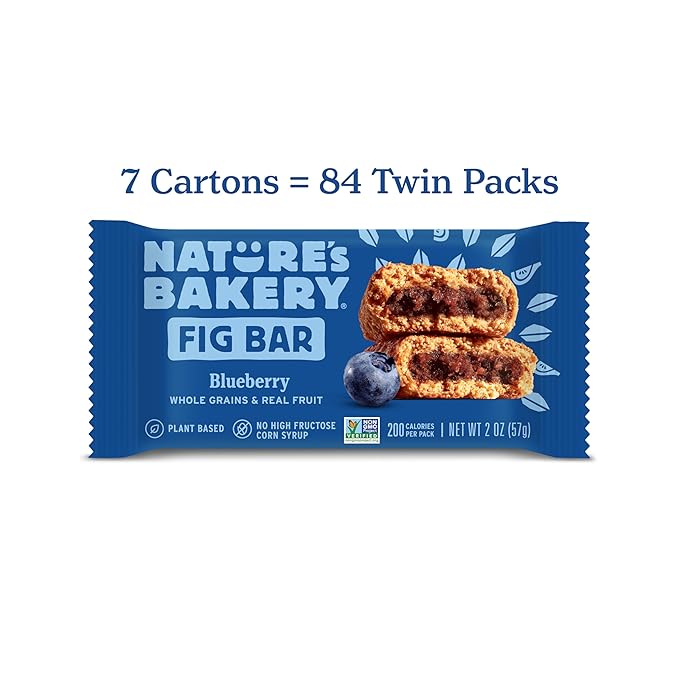 Nature’s Bakery Whole Wheat Fig Bars, Blueberry, Real Fruit, Vegan, Non-GMO, Snack bar, 7 boxes with 12 twin packs (84 twin packs)