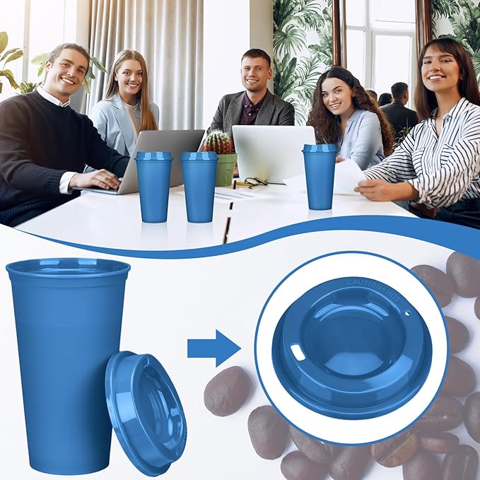 Domensi 15 Pack Reusable Coffee Cups with Lids 16 oz Disposable Travel Cups Bulk Plastic to Go Coffee Tumblers for DIY Hot Cold Drink Party Favors Coworker, Microwaveable (Navy Blue)