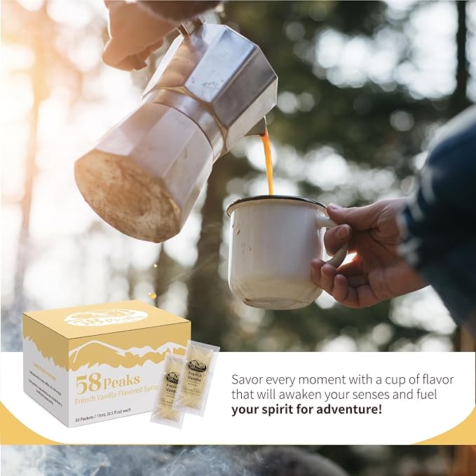 58Peaks French Vanilla Flavored Syrup Sweetener Packets for Hot and Cold Drinks | To-Go Syrup Flavoring Perfect for Coffee, Tea, Milkshake and More | Flavored Coffee Syrups for Travel | 15mL | 50-Pack