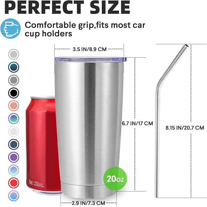 Volhoply 20oz Stainless Steel Tumbler with Lid and Straw Bulk 12 Pack,Double Wall Insulated Travel Iced Coffee Mug Fits Cup holder,Powder Coated Cups for Hot/Cold Drinks,Christmas Gifts（Silver,12 Set）