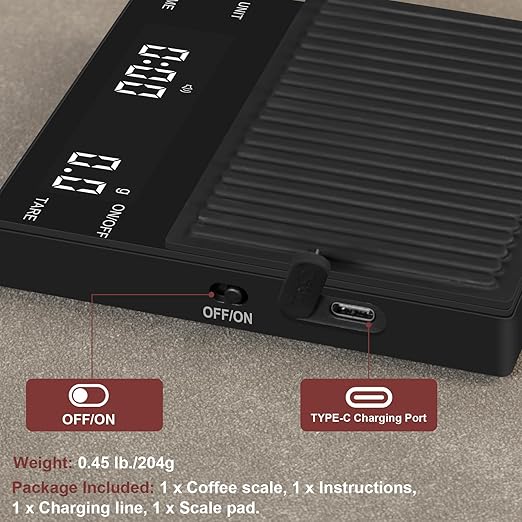 Coffee Espresso Scale with Timer, Kitchen Food Digital Matcha Scale, Rechargeable, Glass Mirror Design, for Barista, 0.3-2000g/0.1g