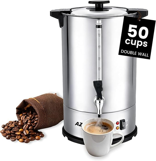 Commercial Coffee Maker 50-Cup Percolator Coffee Pot Electric Dispenser with Double Wall Stainless Steel Anti-Spill, 8L Large Fast Brew Hot Water Urn for Tea Church Events Easy Cleaning